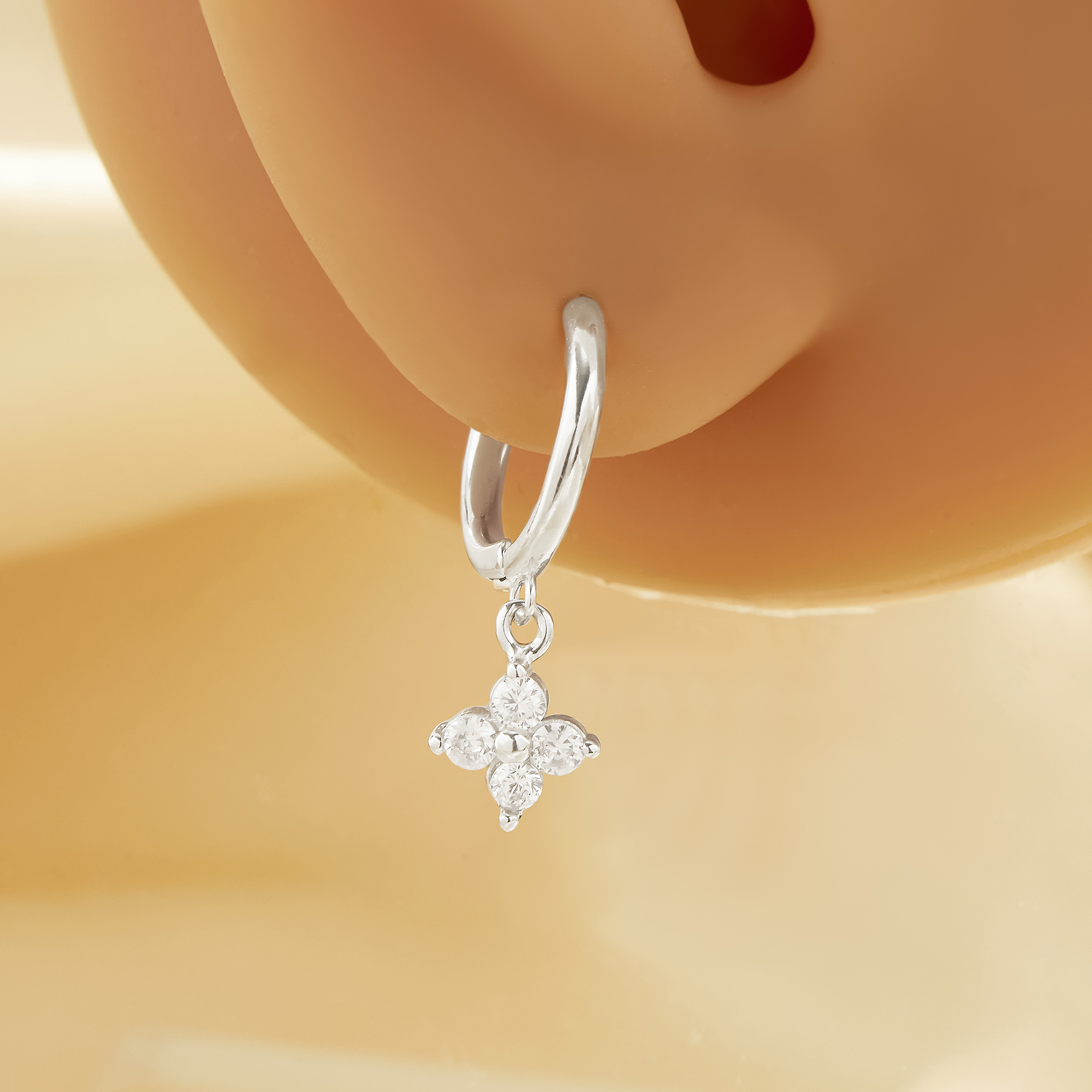 Lucky Four Leaf Clover Simulated Diamond Hoop Earrings With White Cubic Zirconia,Solid 925 Sterling Silver Earrings,Simple Earrings 6310104 - Click Image to Close