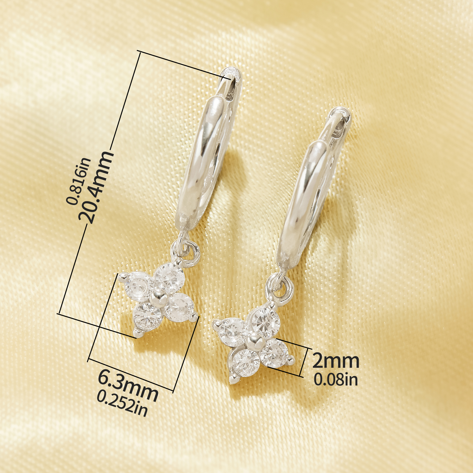 Lucky Four Leaf Clover Simulated Diamond Hoop Earrings With White Cubic Zirconia,Solid 925 Sterling Silver Earrings,Simple Earrings 6310104 - Click Image to Close