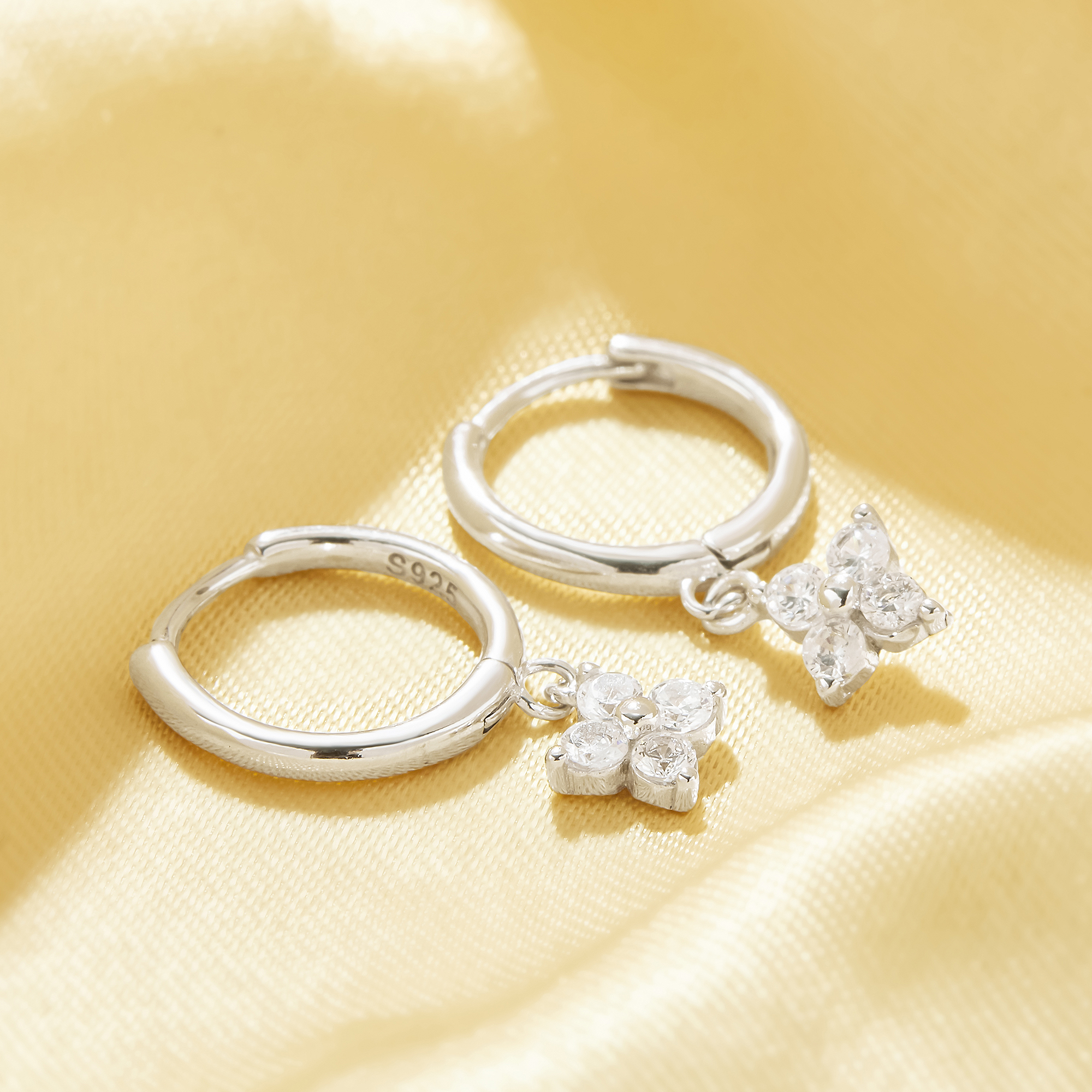 Lucky Four Leaf Clover Simulated Diamond Hoop Earrings With White Cubic Zirconia,Solid 925 Sterling Silver Earrings,Simple Earrings 6310104 - Click Image to Close