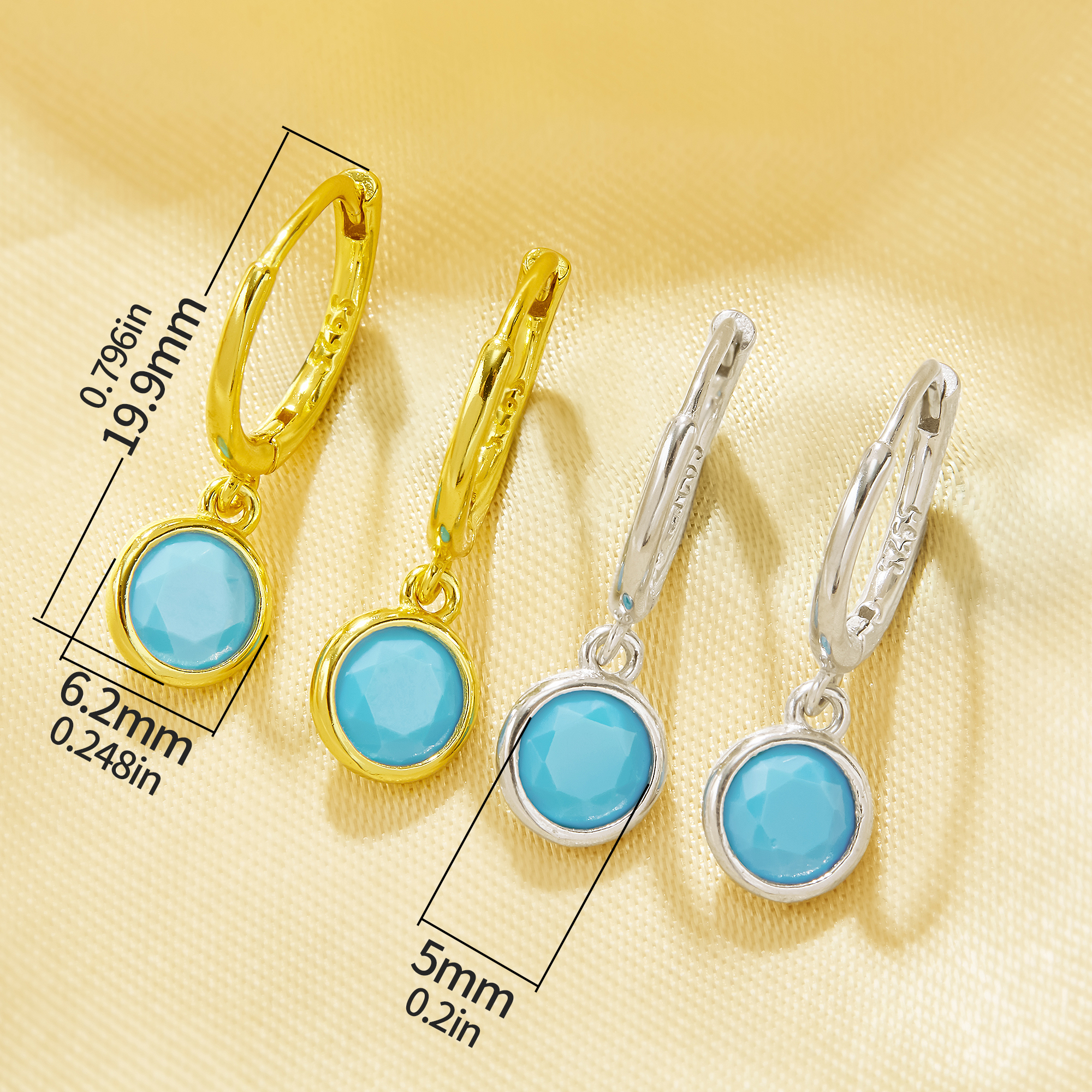 Simulated Blue Turquoise Minimalist Round Hoop Earring,Solid 925 Sterling Silver Gold Plated Earrings,Simple Round Earrings 6310105 - Click Image to Close