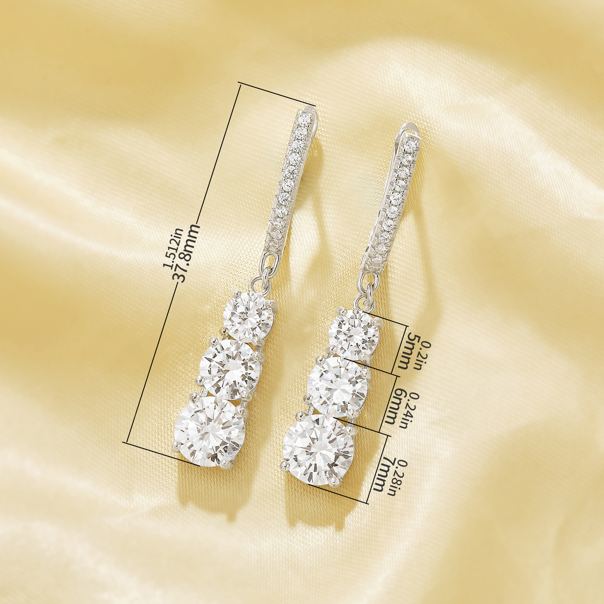 Luxury Round Hoop Earrings With White Cubic Zirconia,Solid 925 Sterling Silver Earrings,3 Stones Round CZ Stone Dainty Earrings 6310108 - Click Image to Close