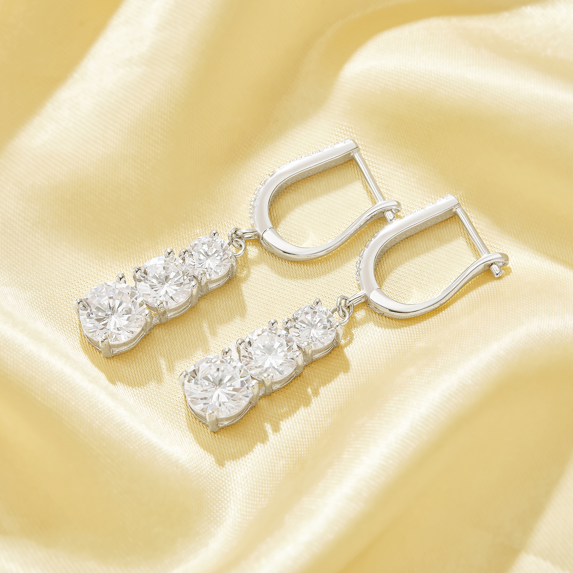 Luxury Round Hoop Earrings With White Cubic Zirconia,Solid 925 Sterling Silver Earrings,3 Stones Round CZ Stone Dainty Earrings 6310108 - Click Image to Close