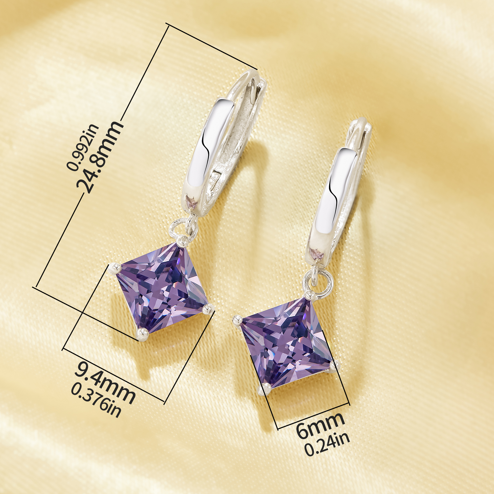 Minimalist Square Hoop Earring With 6MM Princess Cut Square Purple Cubic Zirconia,Solid 925 Sterling Silver Earrings,Simple Square Earrings 6340012 - Click Image to Close