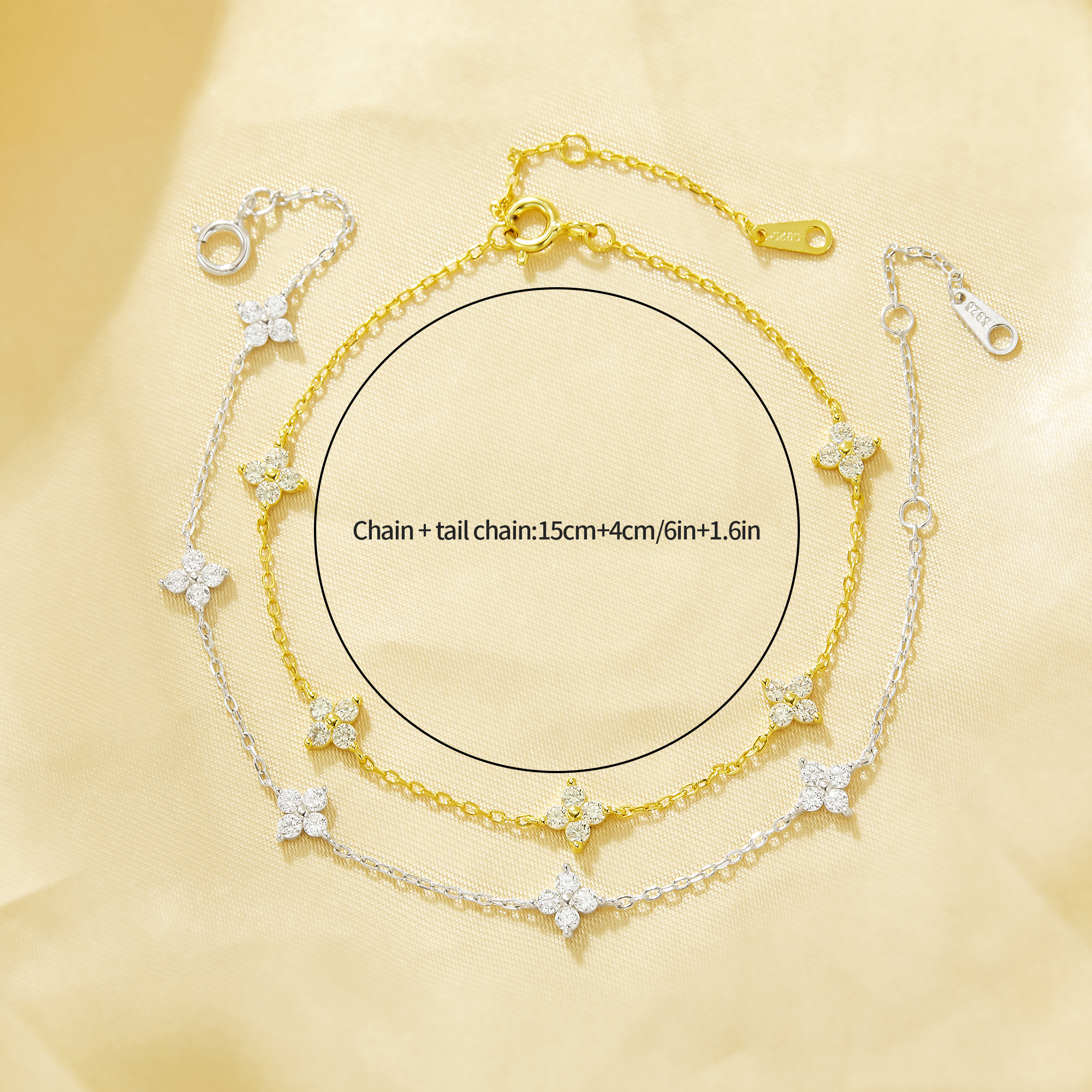 Lucky Four Leaf Clover Charm Bracelet With White Cubic Zirconia,Solid 925 Sterling Silver Bracelet,Minimalist Bracelet 6410052 - Click Image to Close
