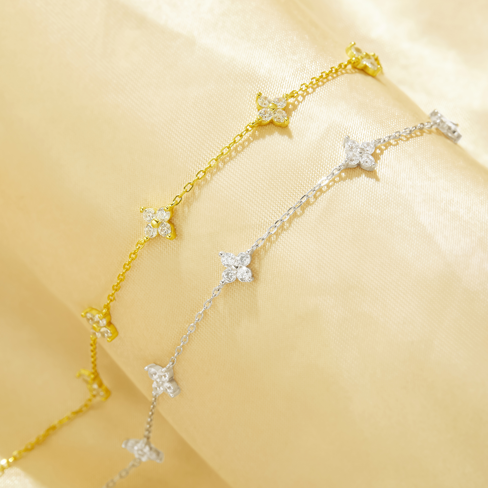 Lucky Four Leaf Clover Charm Bracelet With White Cubic Zirconia,Solid 925 Sterling Silver Bracelet,Minimalist Bracelet 6410052 - Click Image to Close